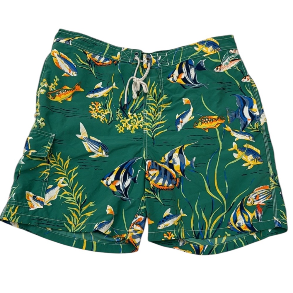 POLO RALPH LAUREN Swim Trunks Mens Sz XL Green Multicolor Fish Print Lined Board